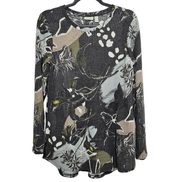 LOGO Lounge Lori Goldstein Womens Cloud Waffle Printed Scoop Neck Top Sz XS Gray - Picture 1 of 8